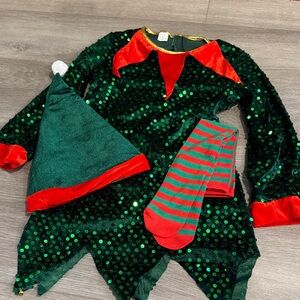 Green and Red Sequin Elf Costume for Kids Set Socks.   & Hat Large